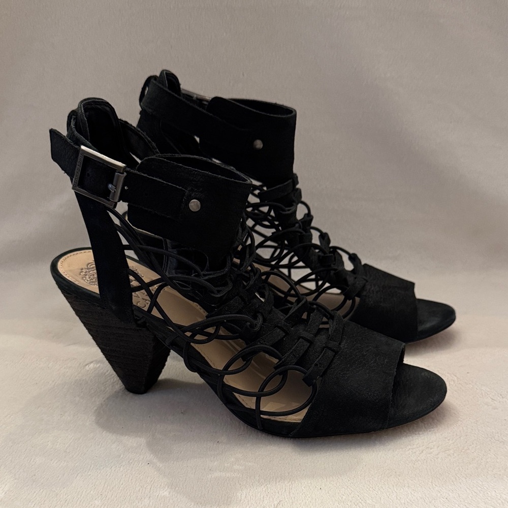 Black Strappy Leather Heeled Vince Camuto Sandals Size 7